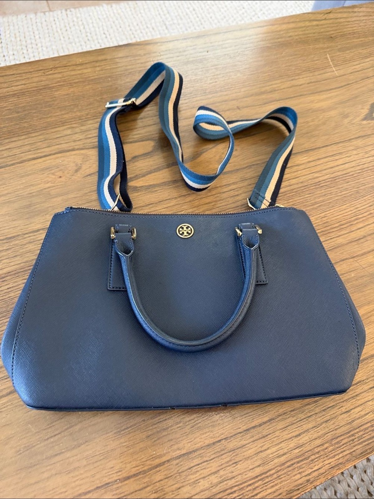 Tory Burch Robinson Double Zip Saffiano Leather Tote Navy Blue Handbag