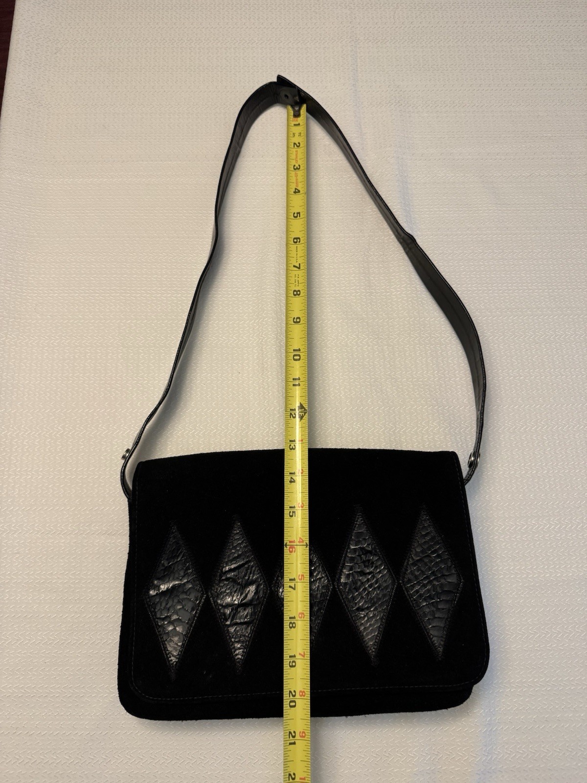 VINTAGE Black Suede Bag Purse Latch Flap Multi-Comparts Green Lined Silver HW