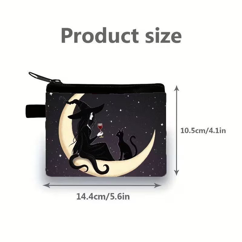 Halloween Gothic Witch w Red Wine and Cat Makeup Bag Double-Sided 4.1″h x 5.5″w