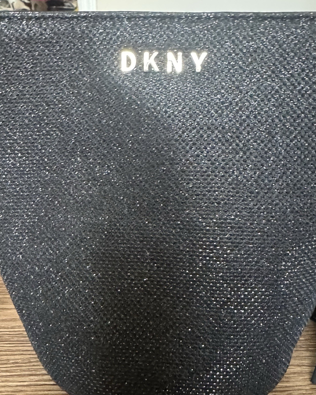 DKNY Black Textured Zip Crossbody Bag, Gold Chain Strap, Detachable, Small