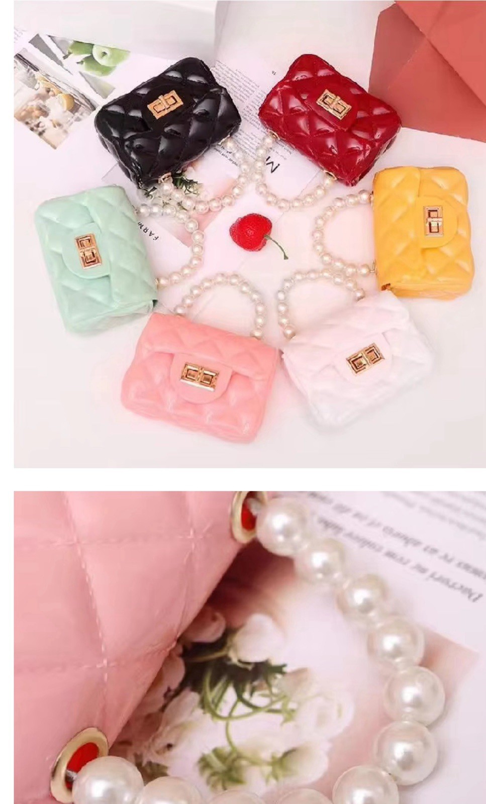 Women’s Mini Quilted Crossbody Bag Pearl Top Handle Chain Strap Turn Lock