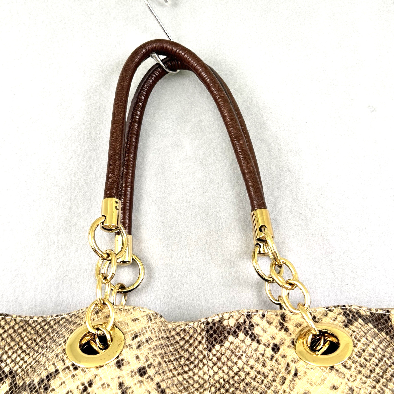 Cynthia Rowley Large Snake Print Leather Tote Handbag Gold Tone Dust Bag