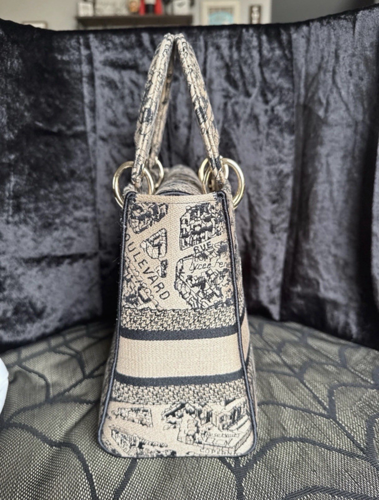 Dior Lady D-Lite Medium Paris Map Embroidery Canvas Tote Bag Strap