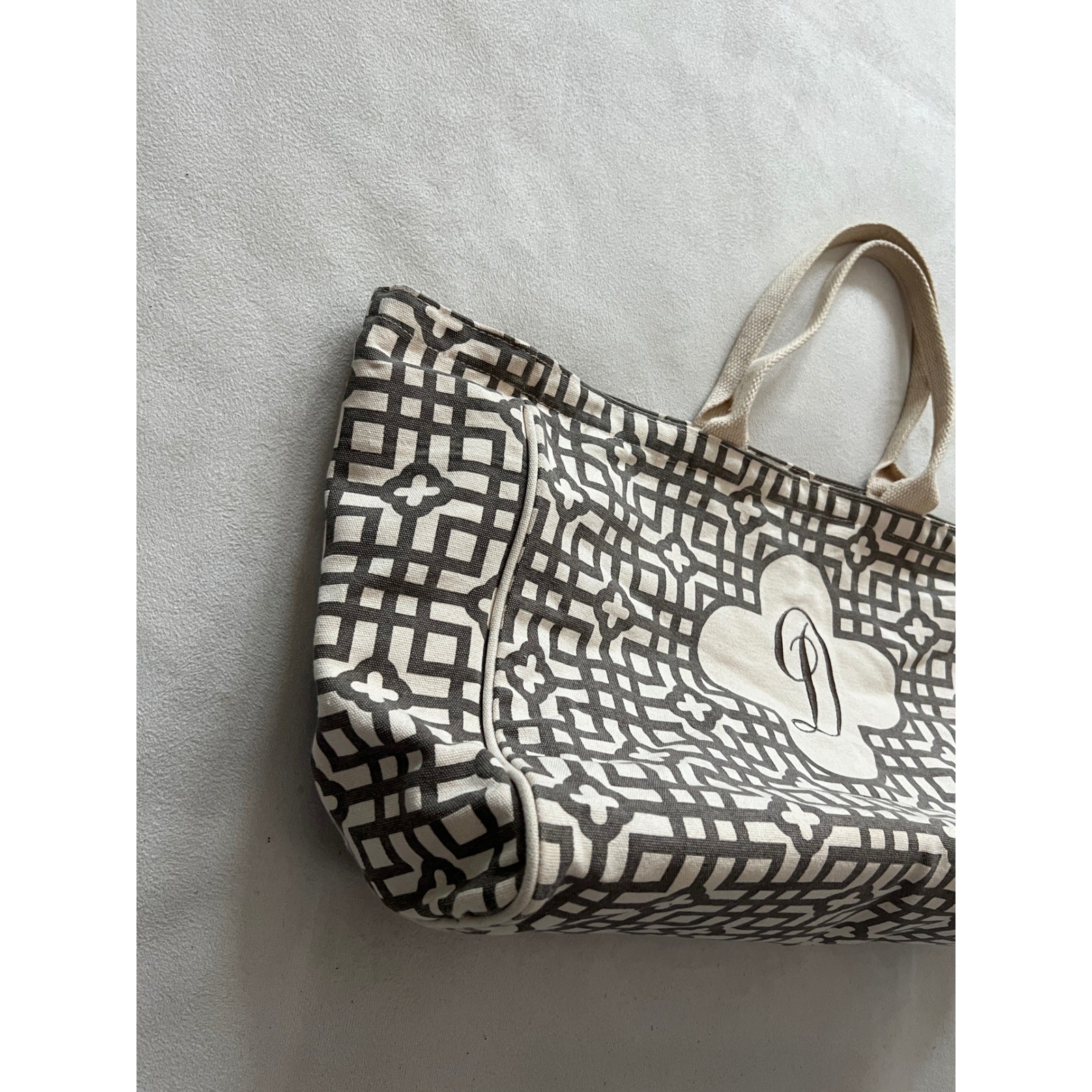 Geometric Lattice Canvas Tote Bag Embroidered Initial D Large Beach Travel Bag