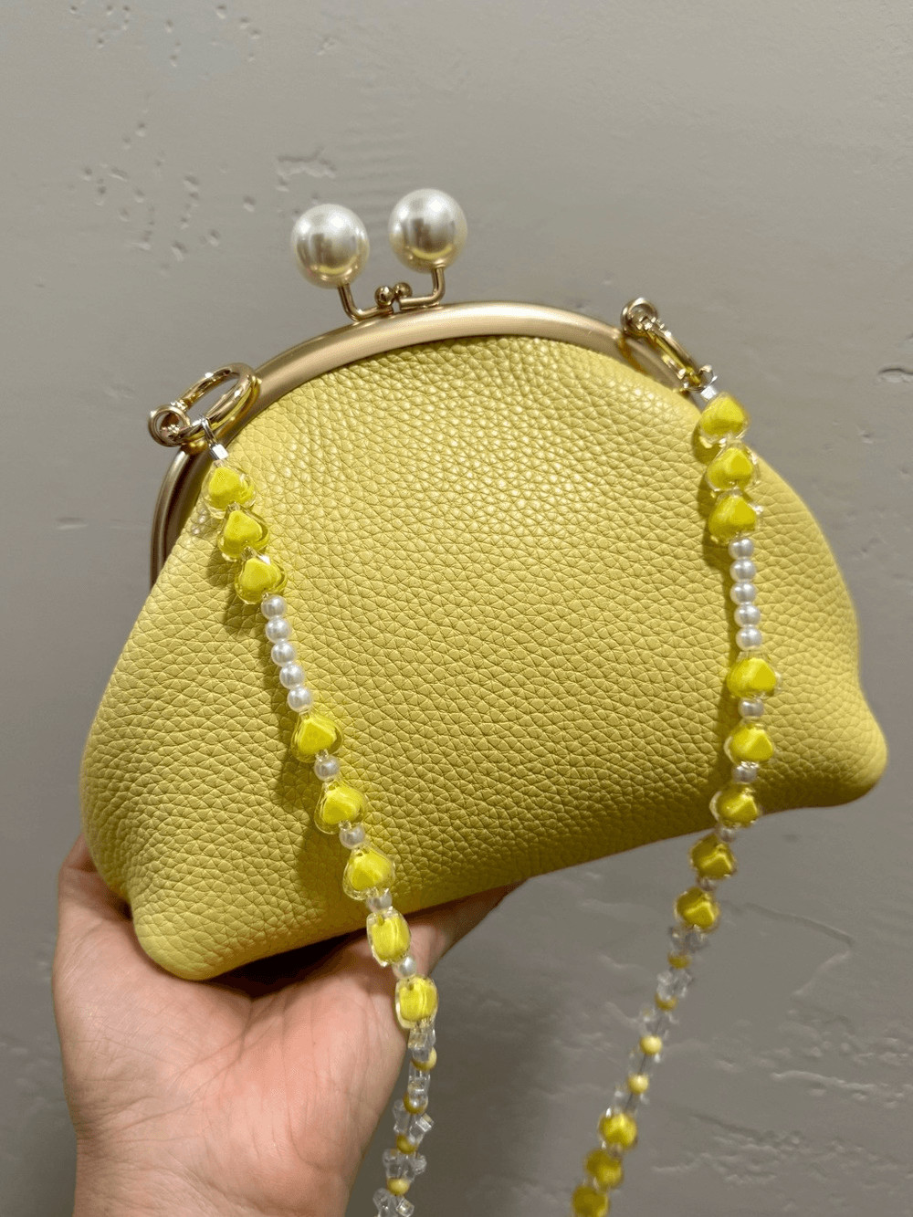 Yellow Togo Calfskin Handmade Vintage Kisslock Clutch, Wristlet, Crossbody