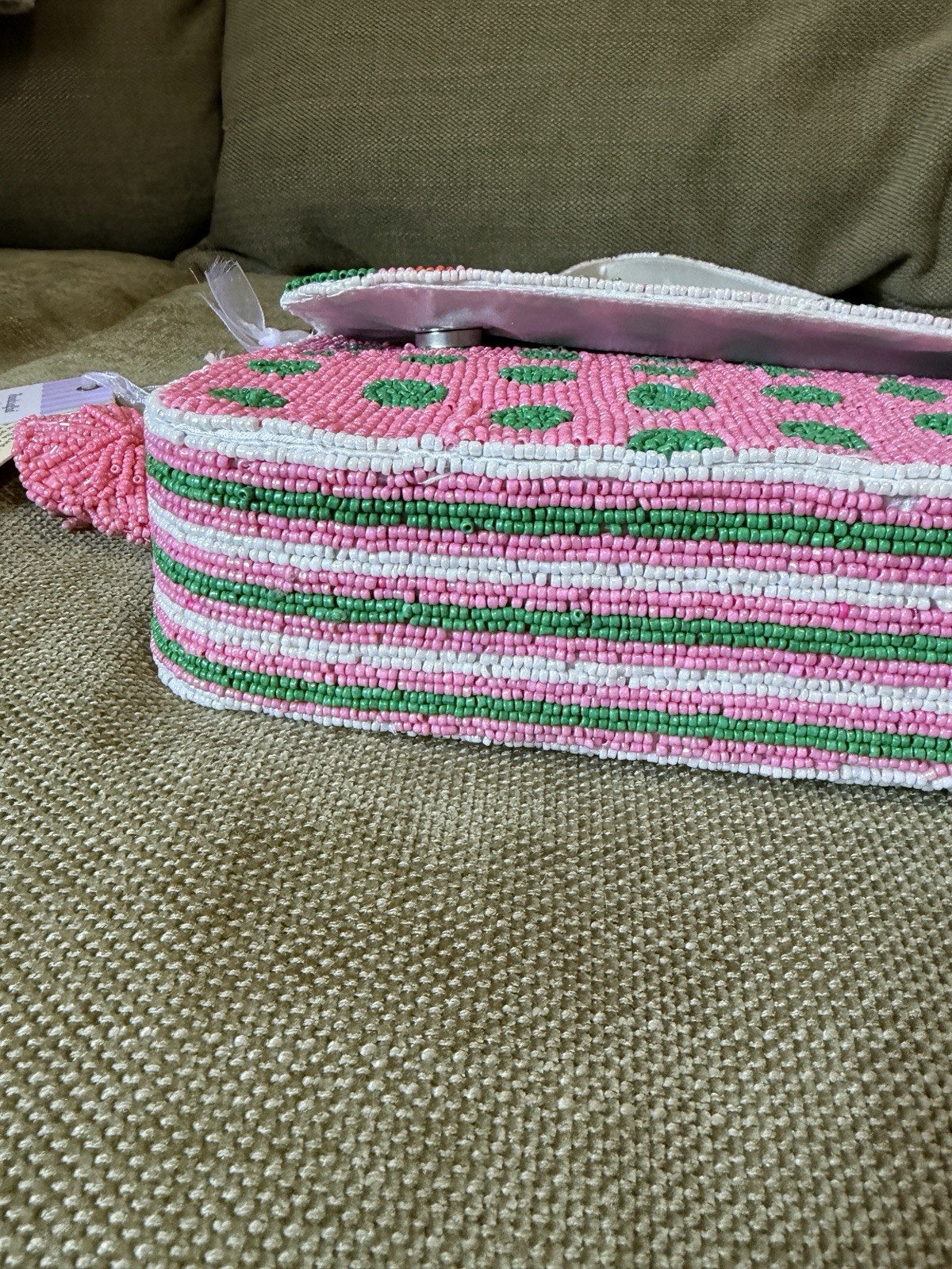 Handmade Beaded in India Shoulder Bag Striped Polka Dot Pink Green w/Charm Viral