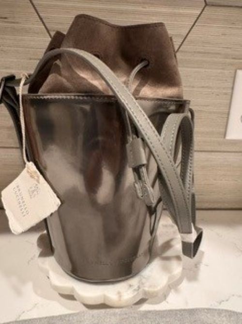NWT Brunello Cucinelli Metallic Leather Bucket Bag Pewter