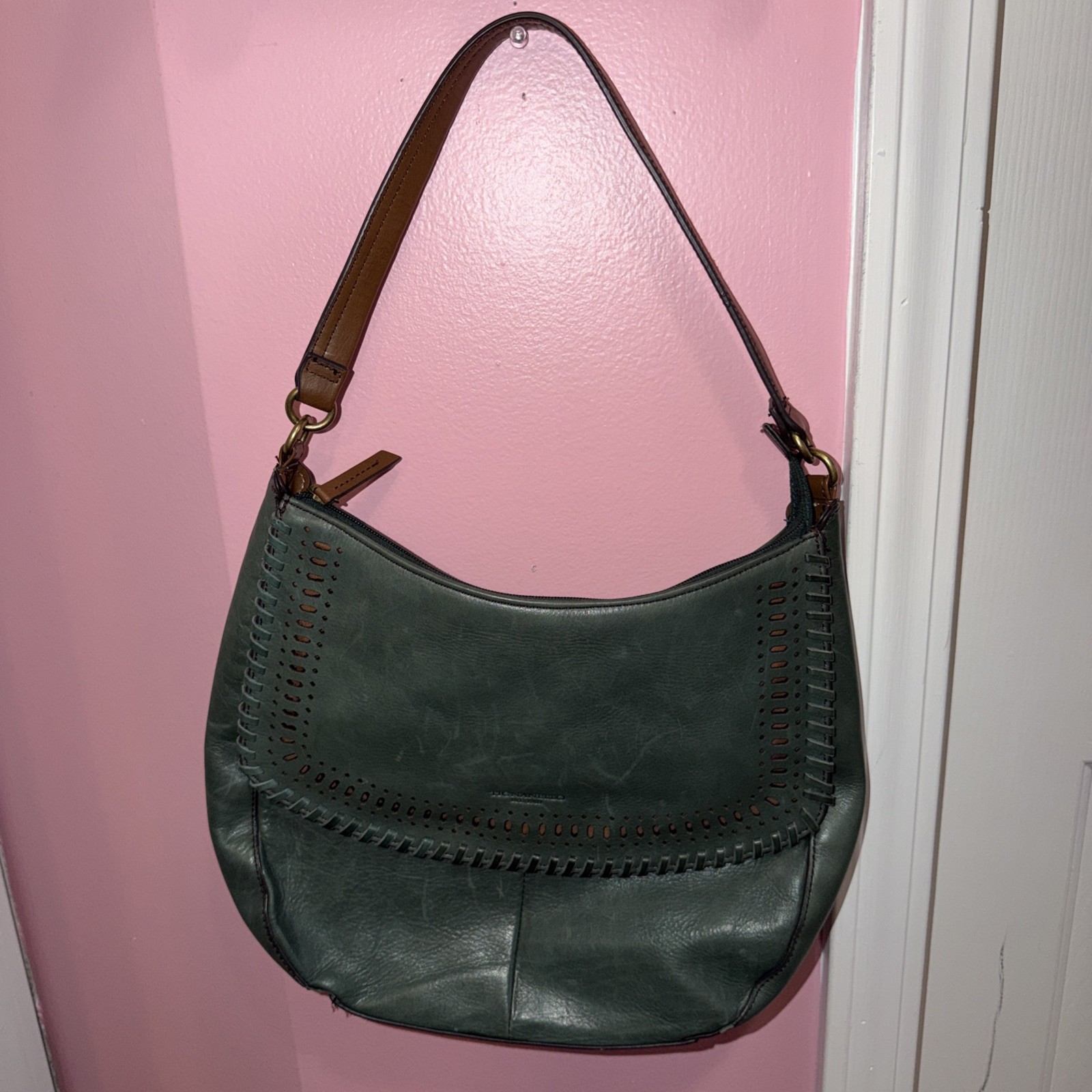 Tignanello Forest Green Distressed Pebbled Leather Shoulder Bag Handbag Purse
