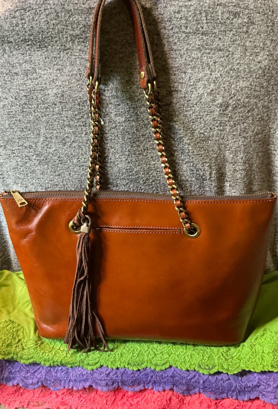 Patricia Nash Belle Tan Italian Leather Chain Tassel Zip Shoulder Bag Tote