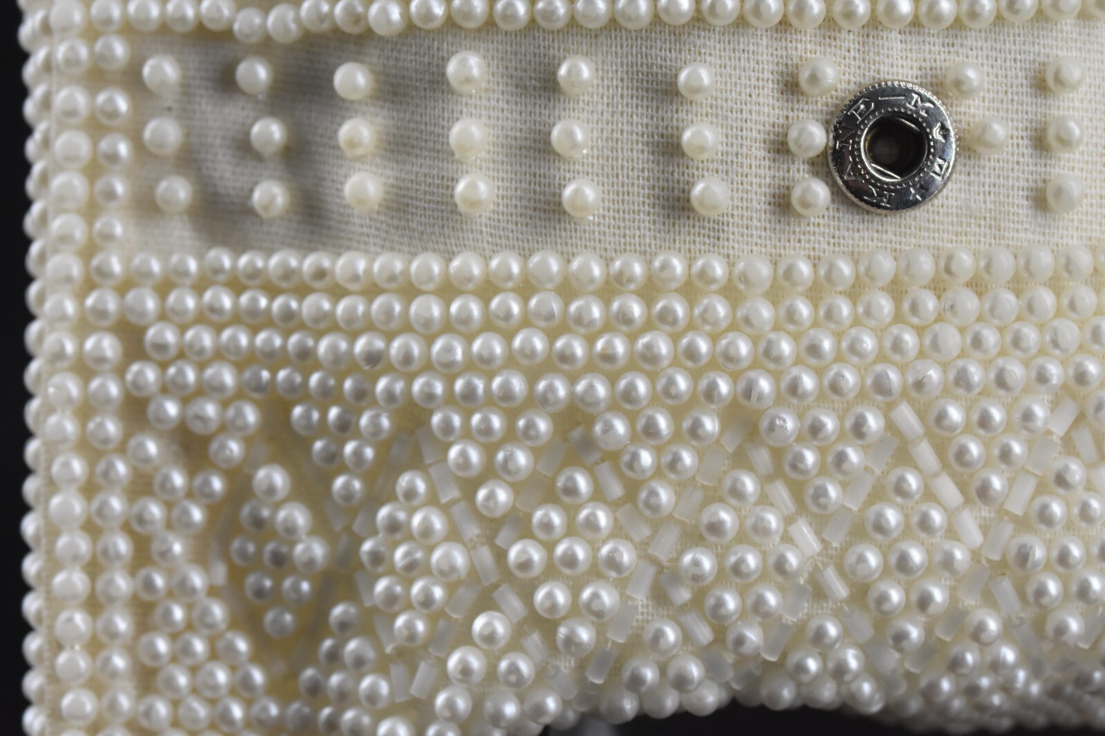 VTG Hand Beaded White Clutch Envelope Fold Over Wallet Satin Lining 5.75″