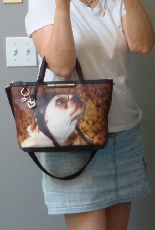 BRIGHTON Black Leather Handbag Tote Pilot Crossbody Dog Purse Pet Gift Aviator