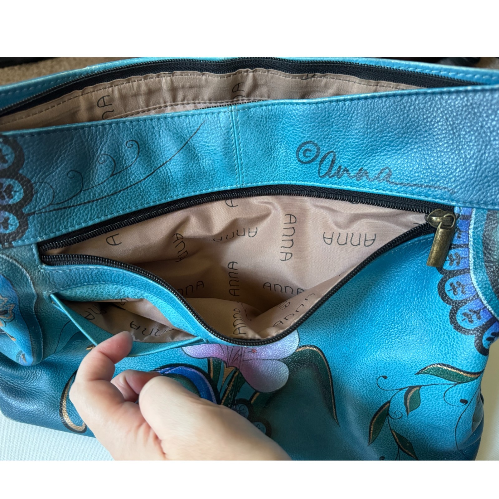 Anna Anuschka Denim Paisley Floral Leather Hobo Bag Purse Handbag Peacock Blue