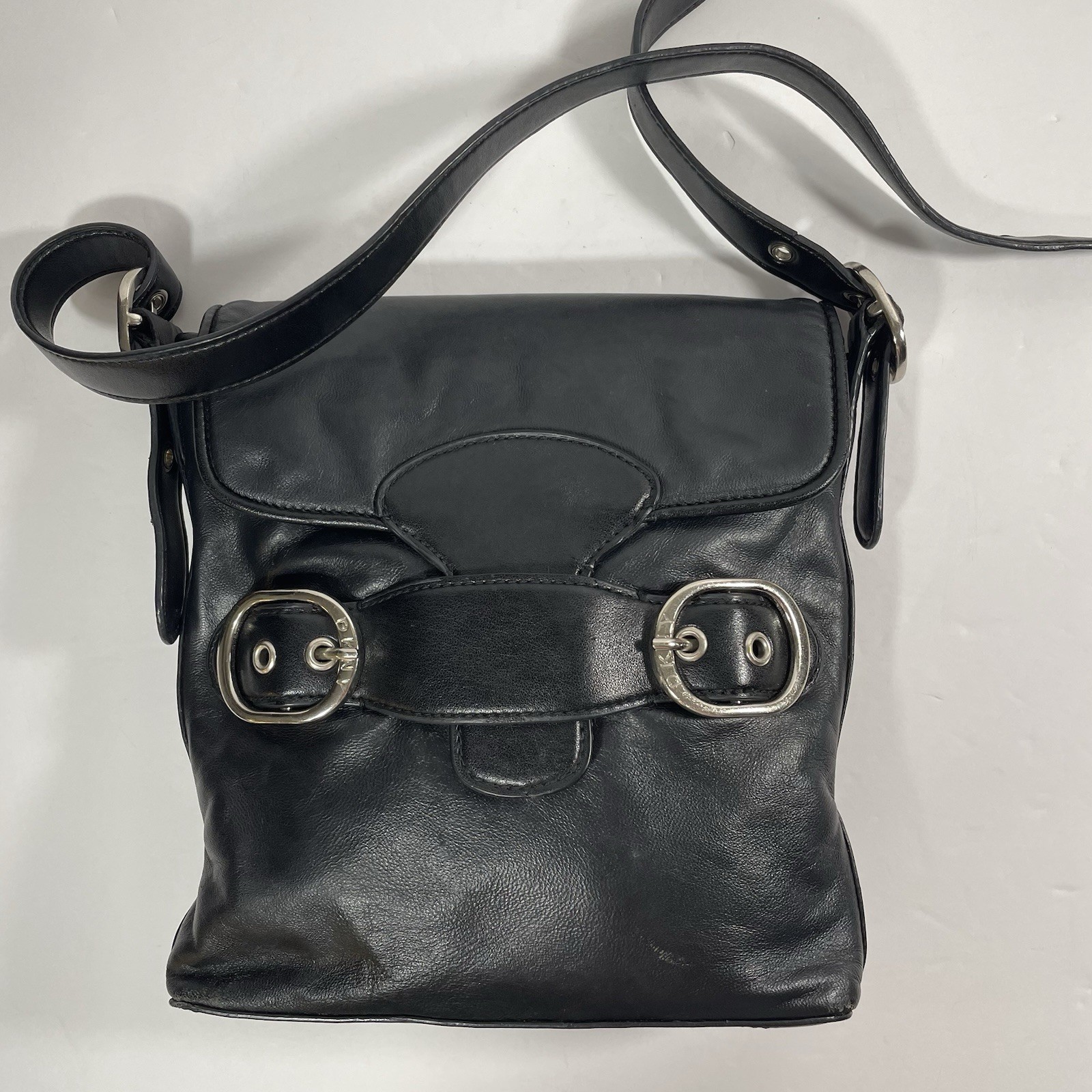DKNY Black Soft Real Leather Crossbody Purse Bag 9.5×8.5×2 Inches