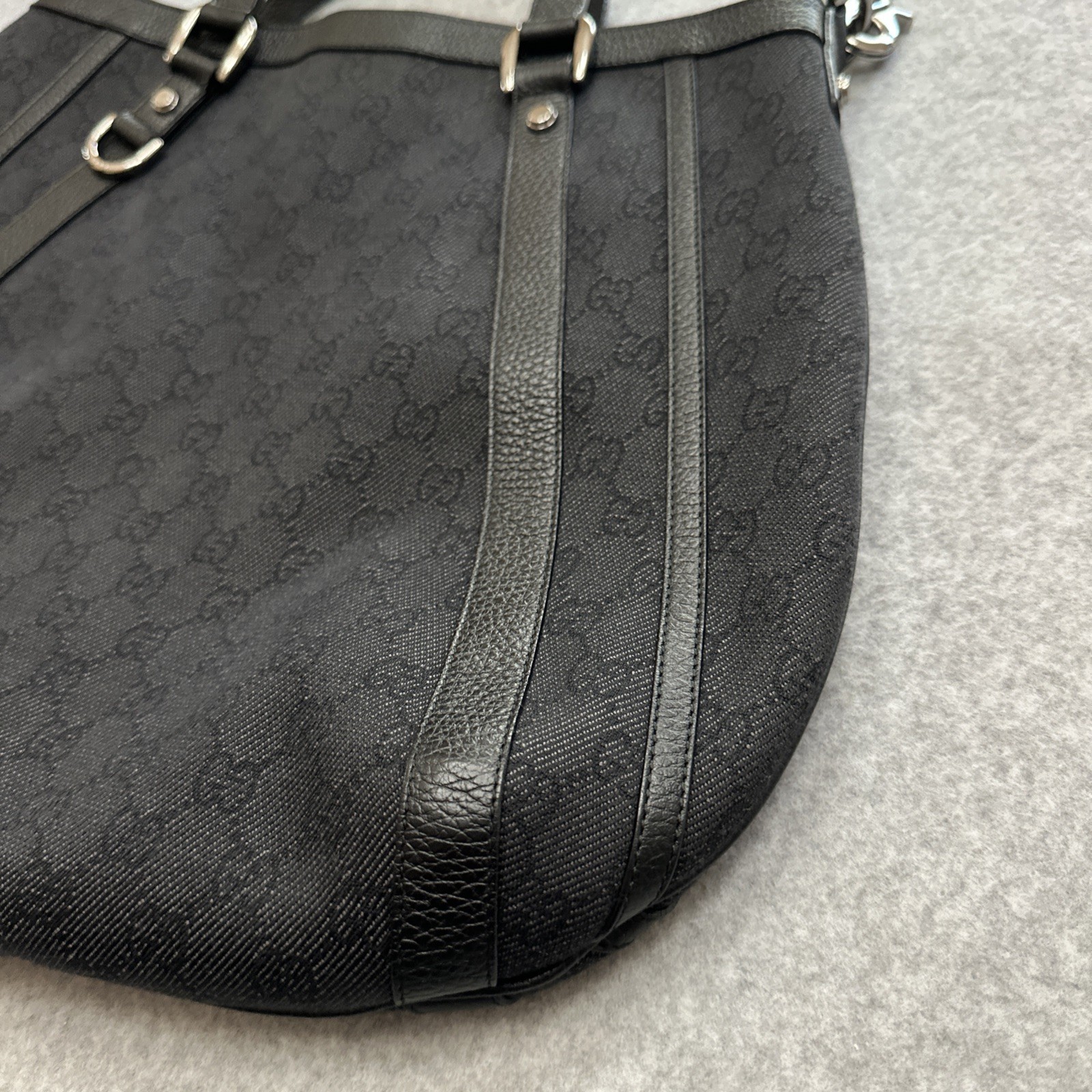 Gucci Two Way Black Abbey Monogram Canvas Tote Purse Bag