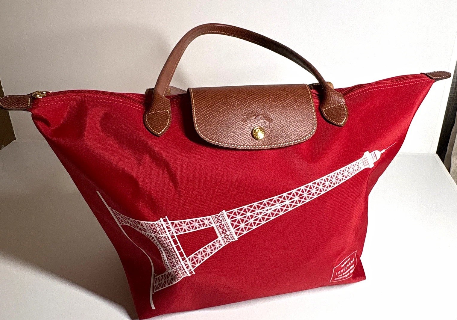 Longchamp Le Pliage Red Foldable Tote Bag Eiffel Tower Cowhide Leather Trim