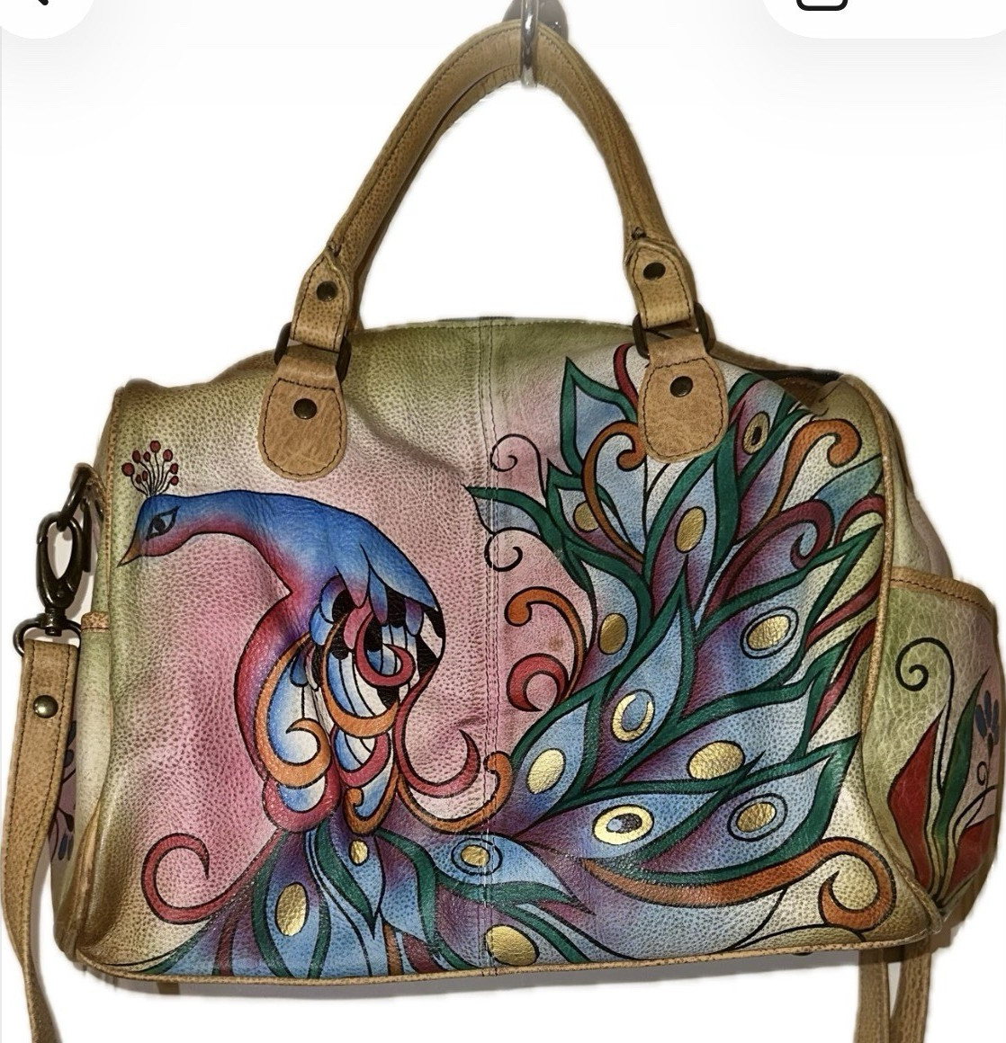 Anuschka Hand-Painted Peacock Satchel/Top Handle Bag for Women, Multicolor
