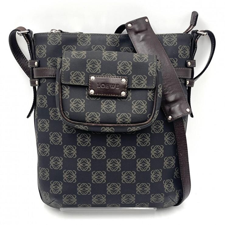LOEWE Anagram Monogram PVC Leather Shoulder Bag Black Brown Auth