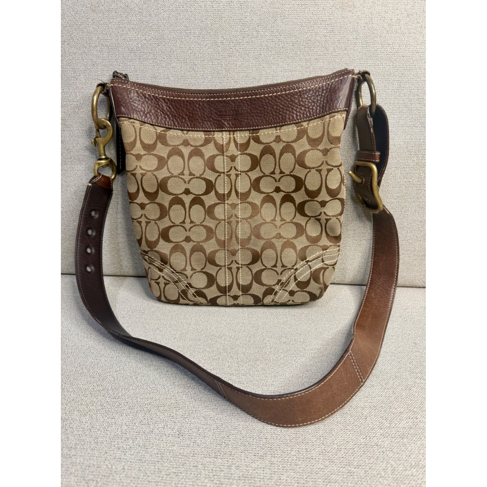 Y2K Coach Signature Jacquard Crossbody Bag Brown Leather Trim 10403 VTG Khaki