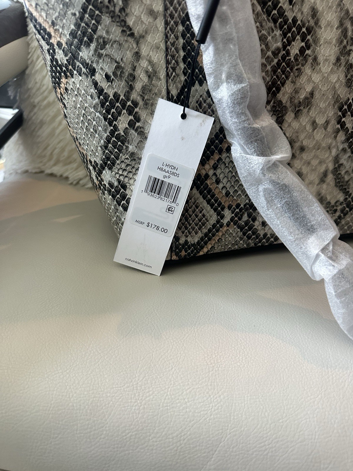Calvin Klein Gray Black Snake Animal Print Tote Zip Chain Shoulder Strap Pockets
