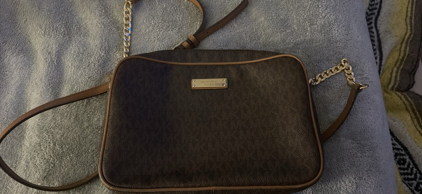 Michael Kors Brown Logo Zip Small Crossbody Bag Gold Chain Detachable Strap