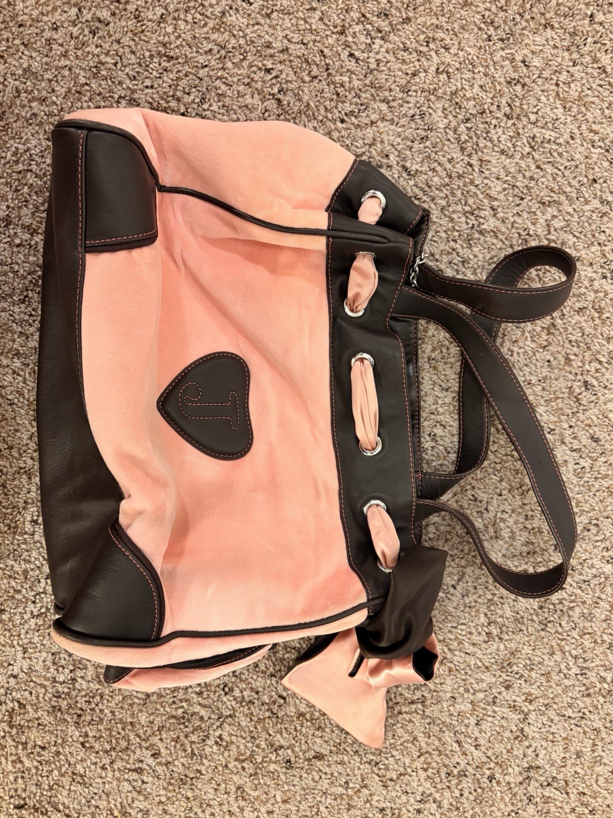 Juicy Couture Pink/Brown Logo Tote Bag Drawstring Bow Charm Double Handles