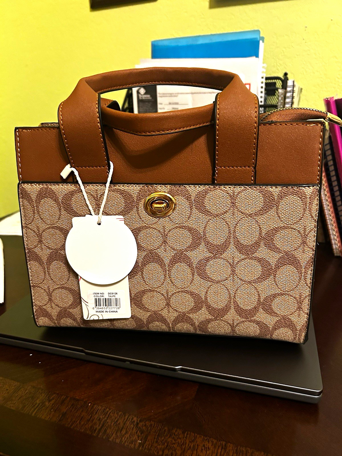 Coach Signature Small Brown/Beige Satchel Top Handle Turn Lock Gold Strap