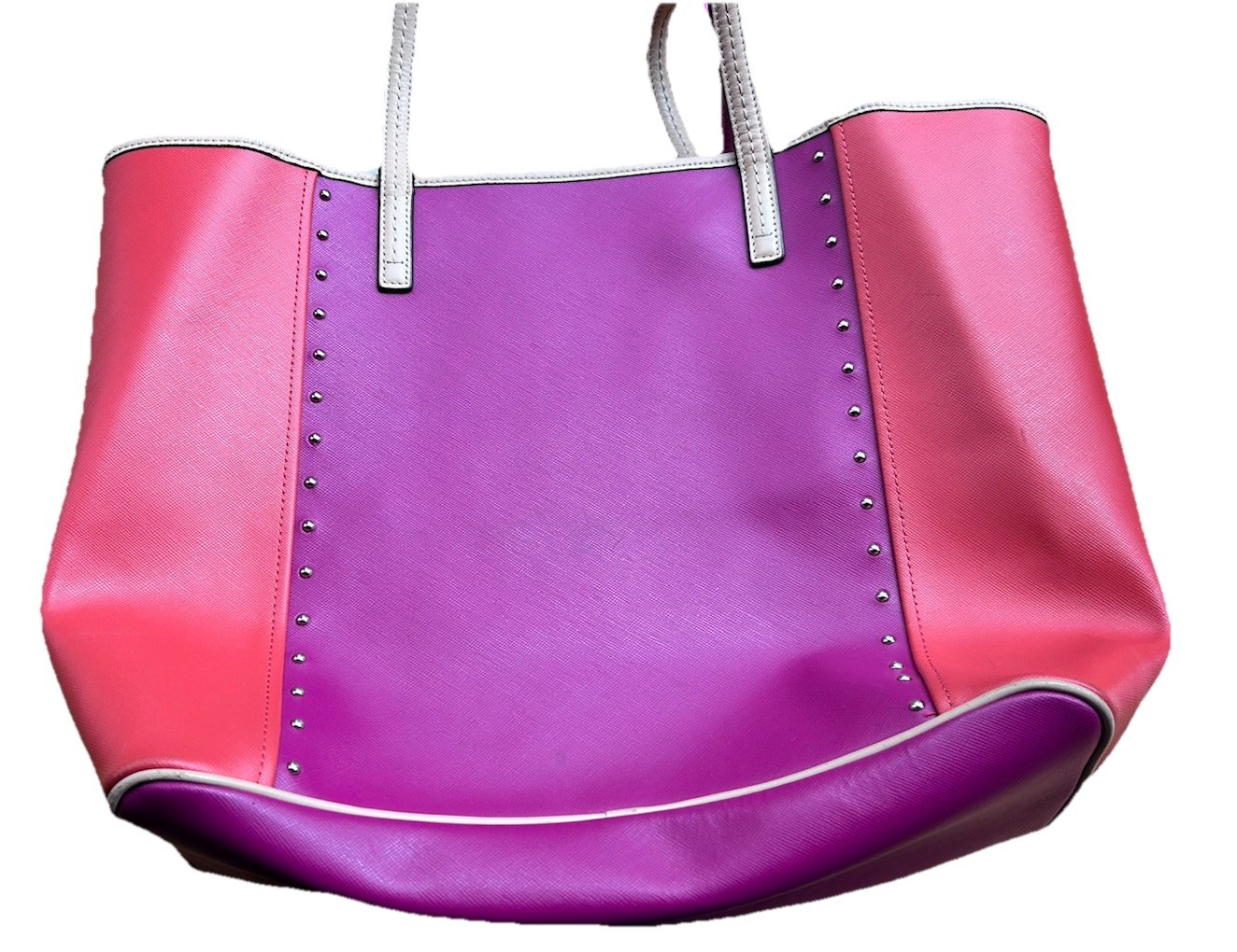 COACH Metro Colorblock Pink Orange And Tan Studded Leather Tote Bag Read List
