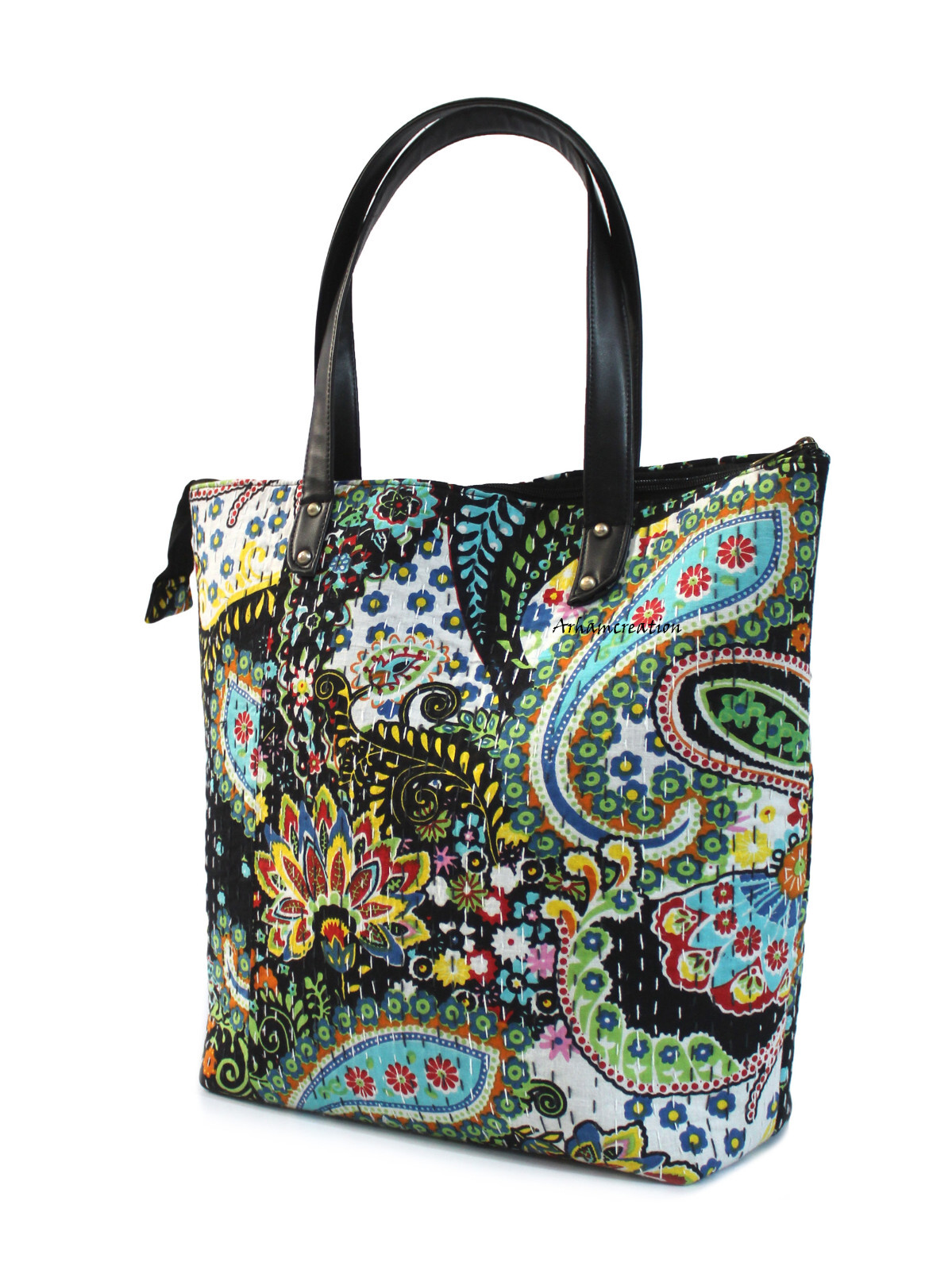 Handmade bag, Kantha work bag, hand work quilted art, indian artisen carry bag