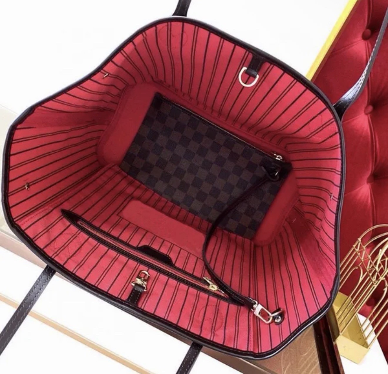 Red & black striped tote bag with black & white checkered panel #tote #stripes