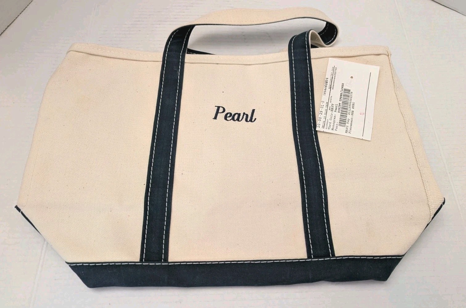 Vintage 1980s L.L. Bean Boat and Tote Cream Navy Blue Canvas Bag Classic 18″x11″