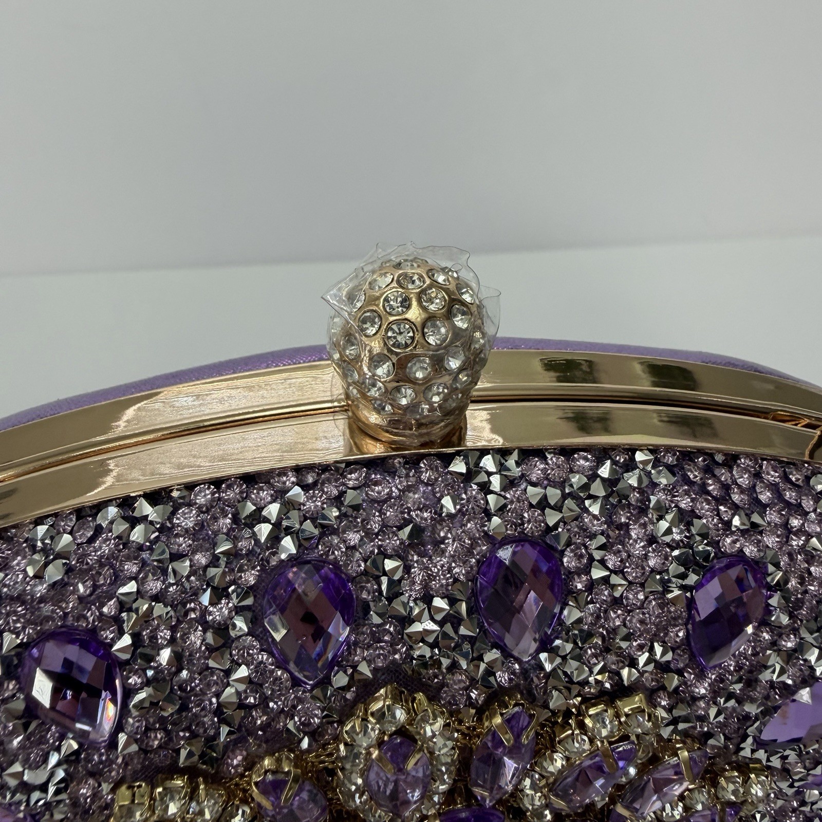 Purple Crystal Oval Clutch Chain Strap Gold Hardware Kiss Lock Beaded Accent