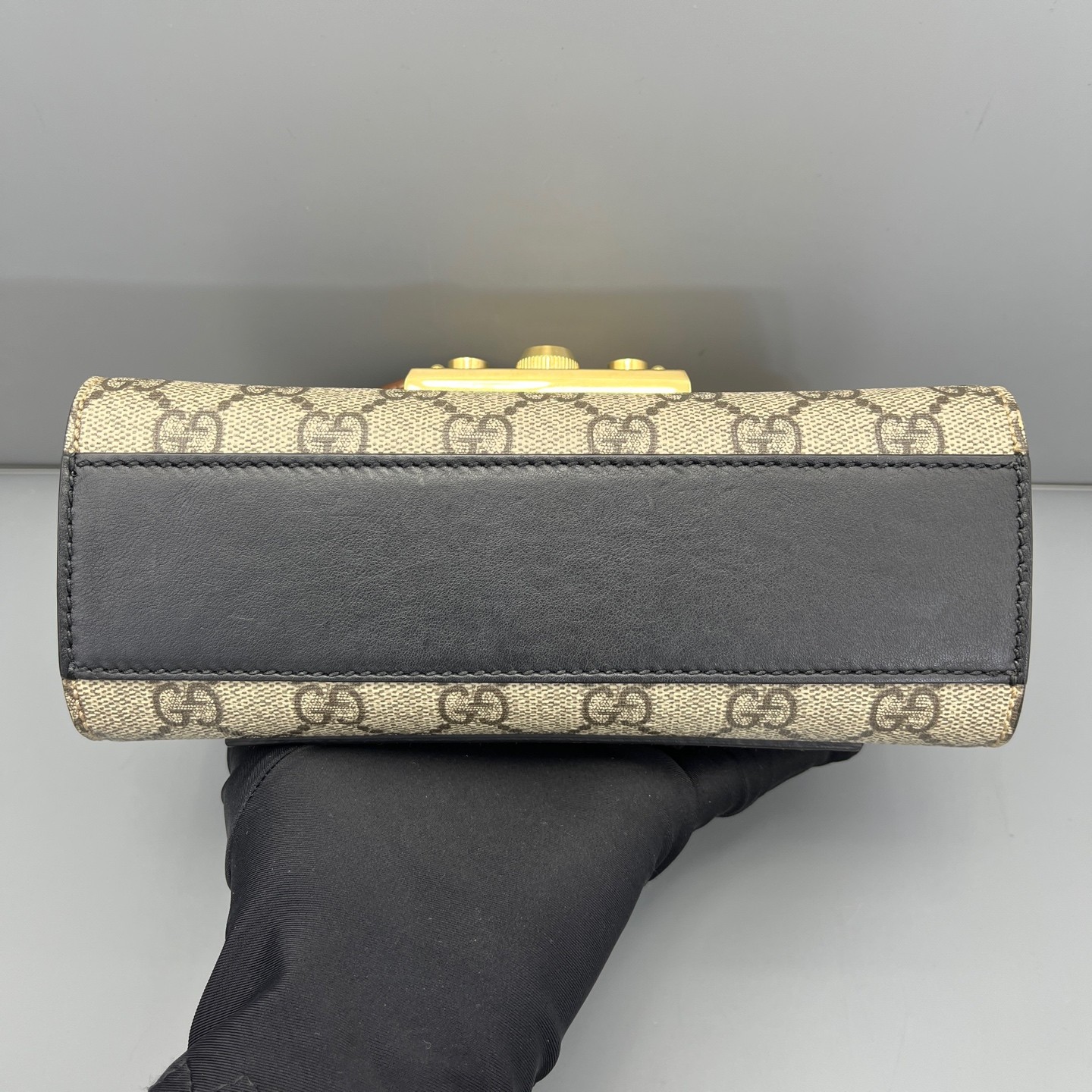 AUTH GUCCI Padlock Small GG Supreme Canvas Black Leather Bag.