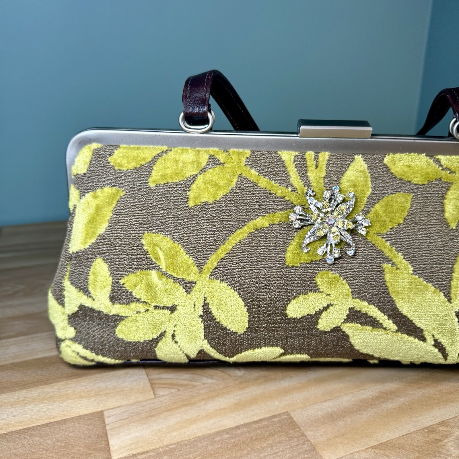 Glenda Gies Chenille Handbag Green Leaves Gray Clutch Brooch Leather Purse RETRO