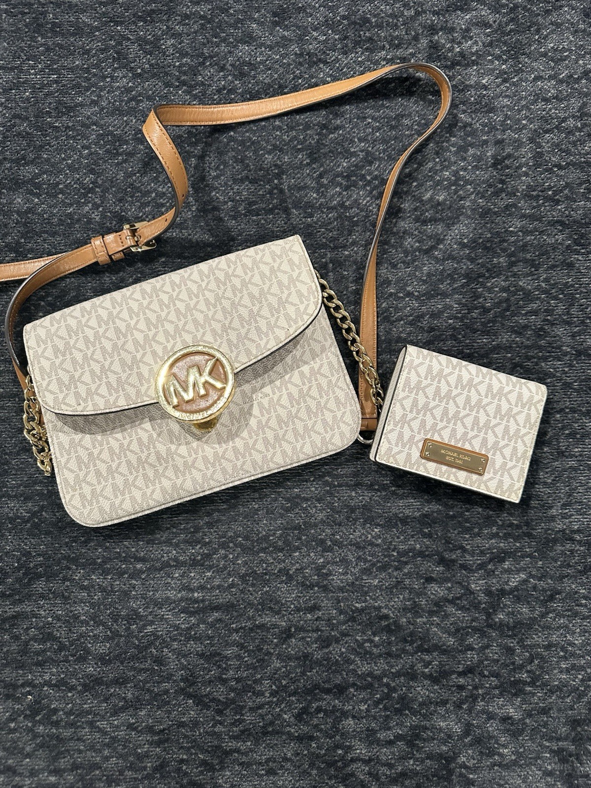 Michael Kors Fulton Signature PVC Flap Crossbody Bag & Matching Wallet Vanilla