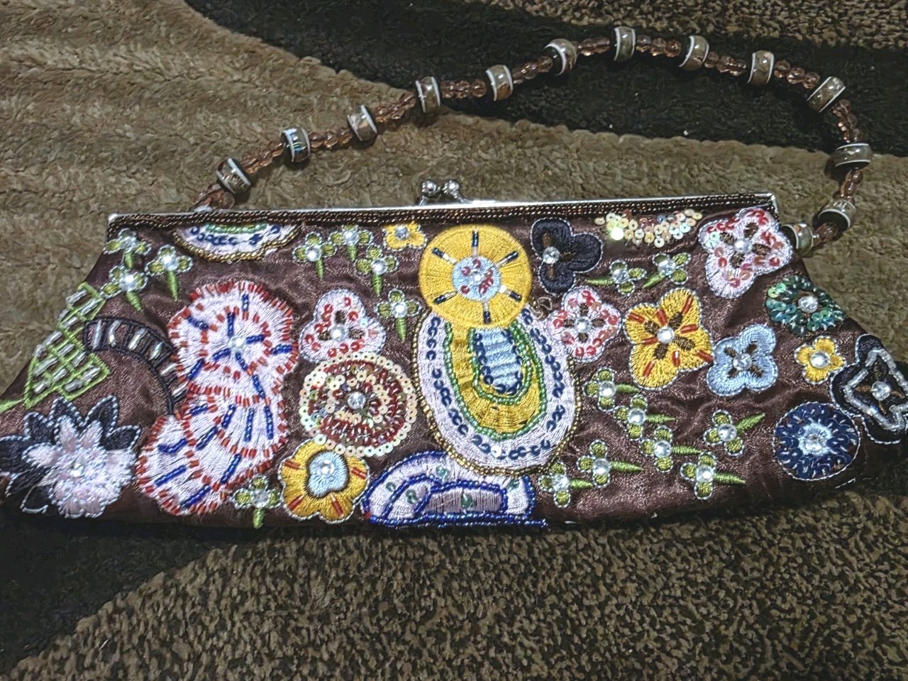 Max Mayer Brown Floral Beaded Embroidered Kiss Lock Clutch Wrist Strap Lined