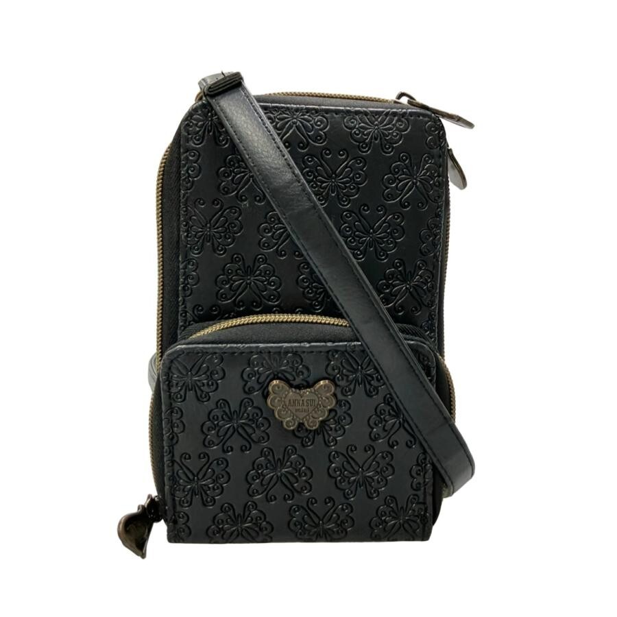 ANNA SUI Black Floral Crossbody Bag Women Adjustable Strap Zip 11.5cm B