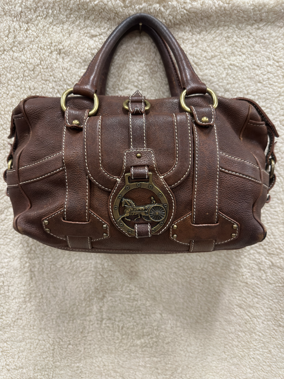 Celine Brown Leather Handbag Handle Purse Satchel Horse Buggy Logo Dust Bag Tags