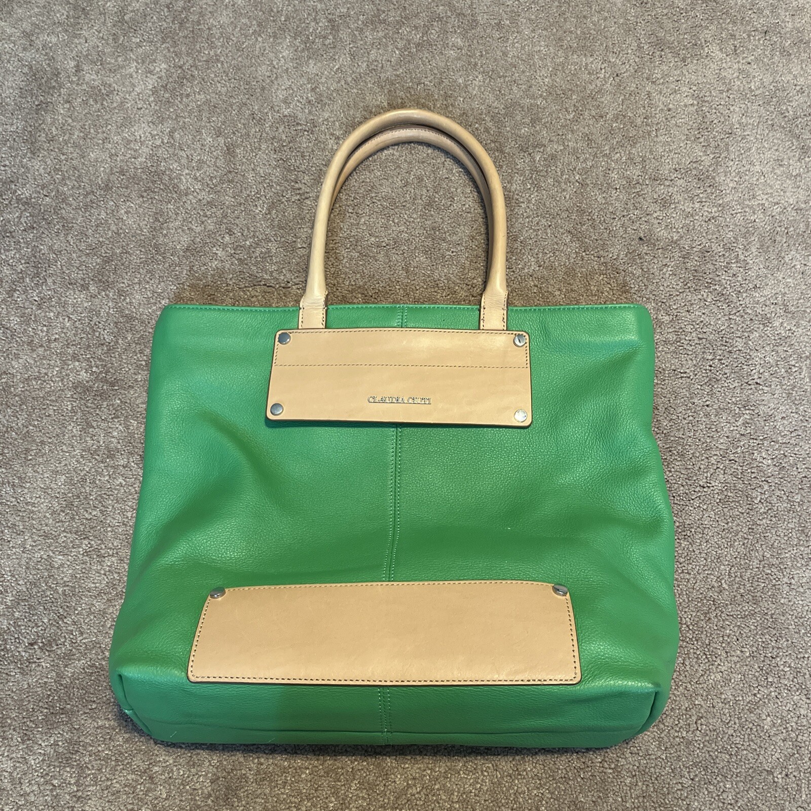 Claudia Ciuti Gia green tan 100% leather tote purse w handles 15″ wide