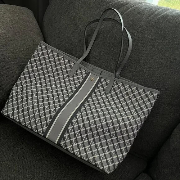 NWT TORY BURCH GRAY GEO LOGO W STRIPE Top Zip Tote Shoulder Bag Style #82398