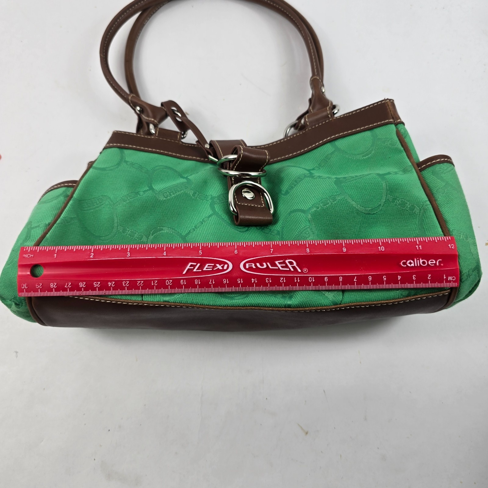 Chaps Vintage Canvas, Faux Leather Trim Kelly Green Monogram Shoulder Bag Purse