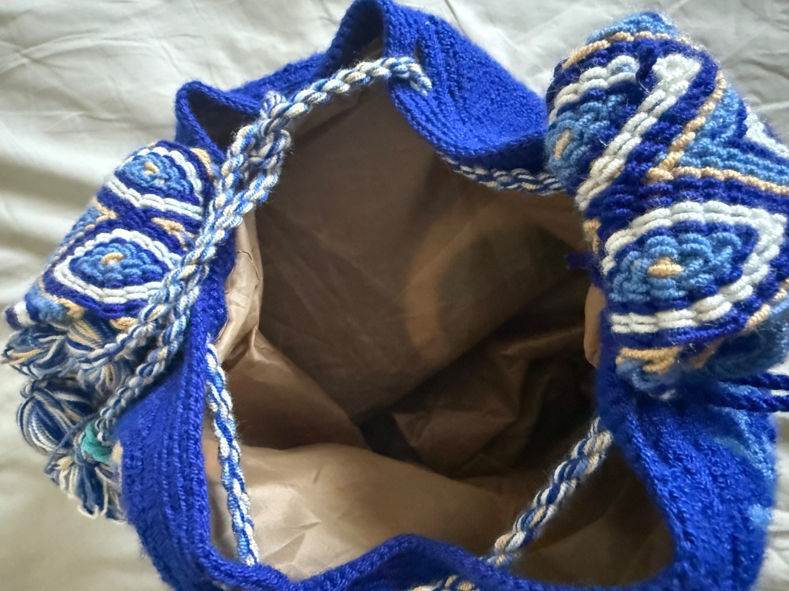 Handmade Good Vibes Wayuu Mochila Bag Tapestry Colombian Blue no Evil Eye Lined