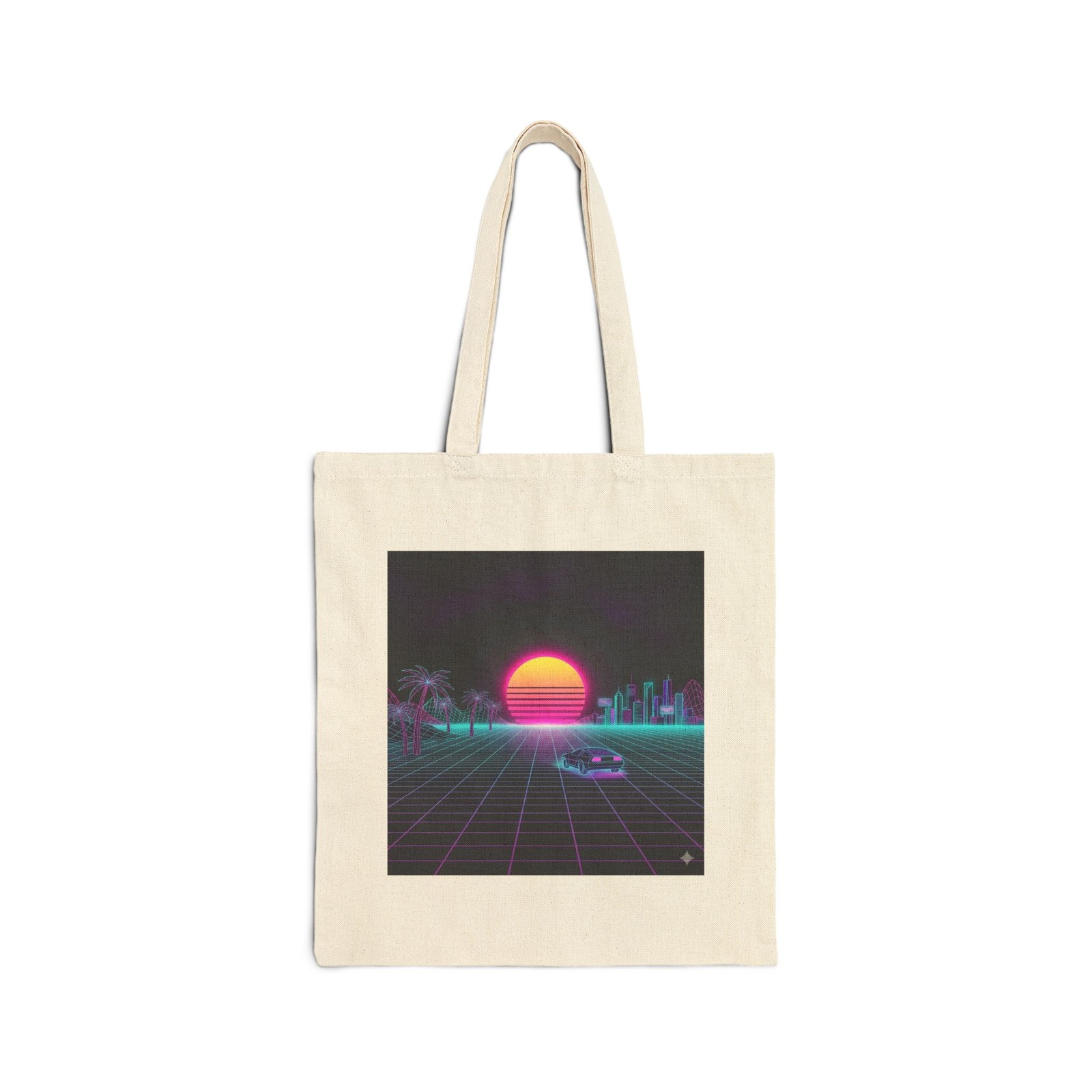 Cotton canvas tote bag. Vibrant synthwave-style sun, purple and pink gradient