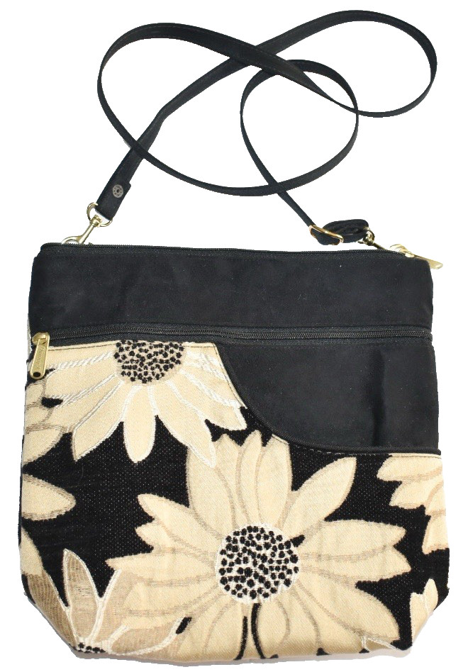 Danny K Black And Beige Floral Embroidered Tapestry Shoulder Crossbody Bag