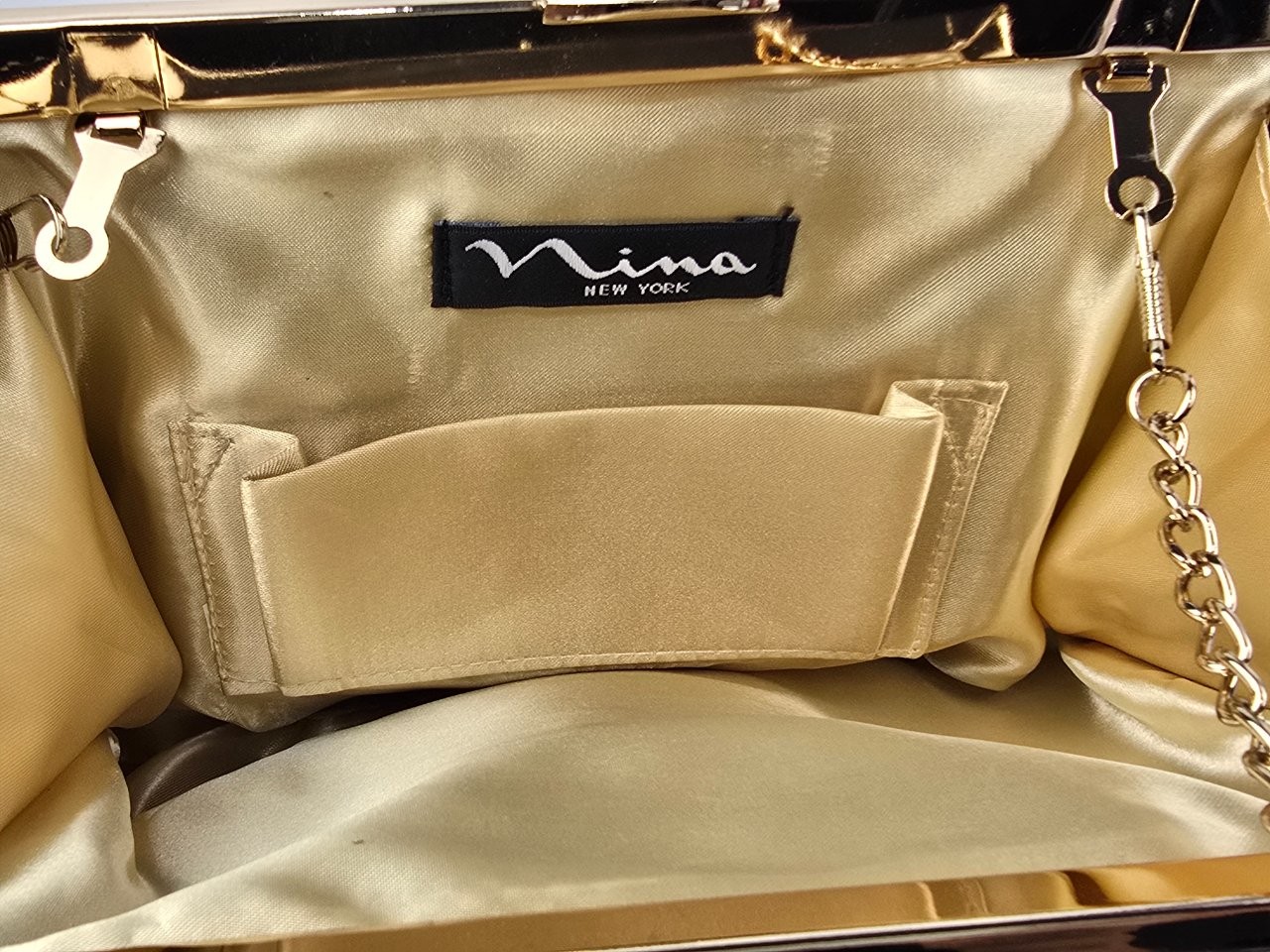 Nina Clutch Crossbody Bag Gold Metallic Shimmer Fabric Chain Strap Evening