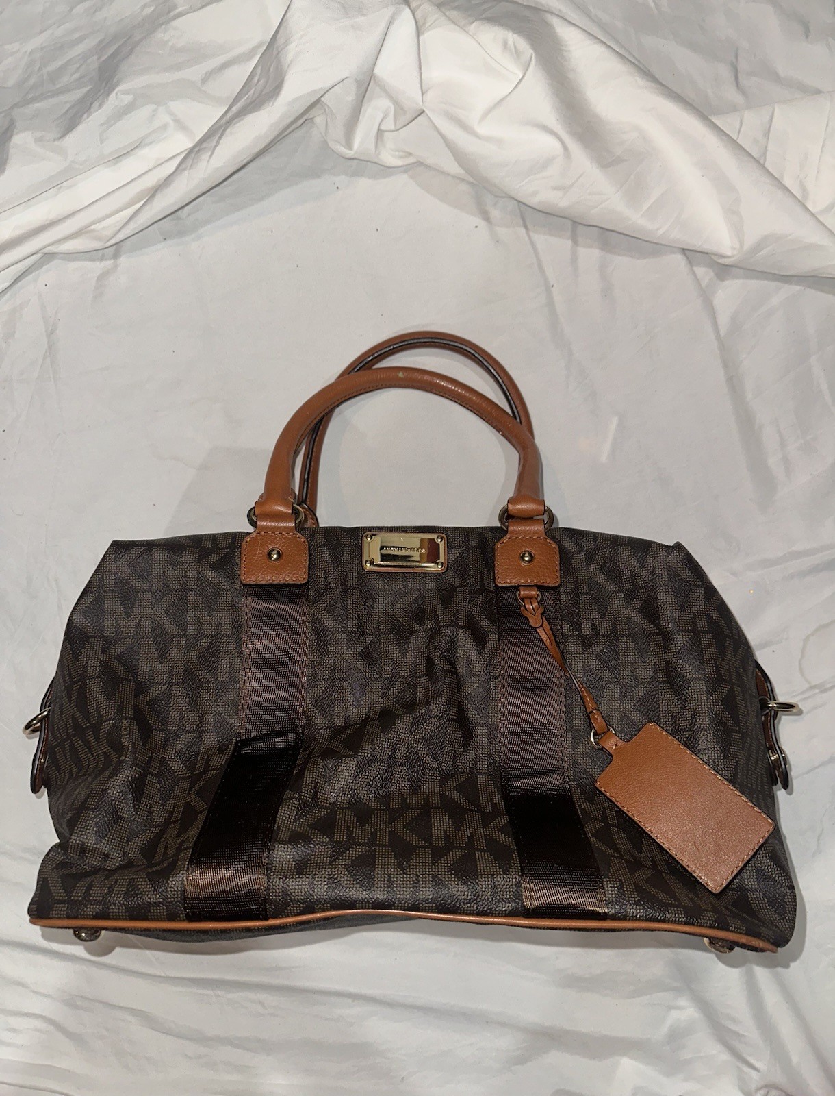 Michael Kors Brown Signature MK Grayson Satchel Duffel Handbag Leather Trim LRG