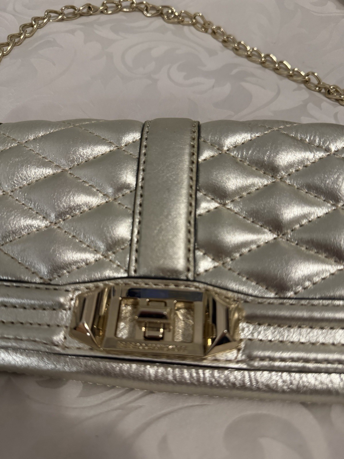 Rebecca Minkoff Metallic Silver Quilted Crossbody Gold Chain Turn Lock