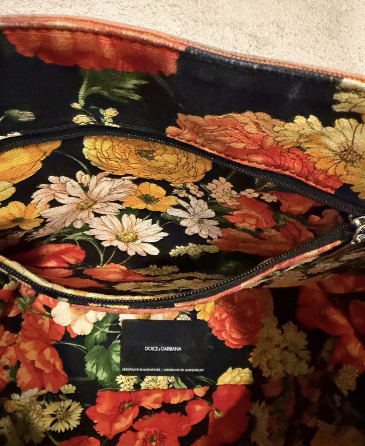 Dolce & Gabbana Orange Floral Tote Bag Zip Closure Inner Pockets Dust Bag