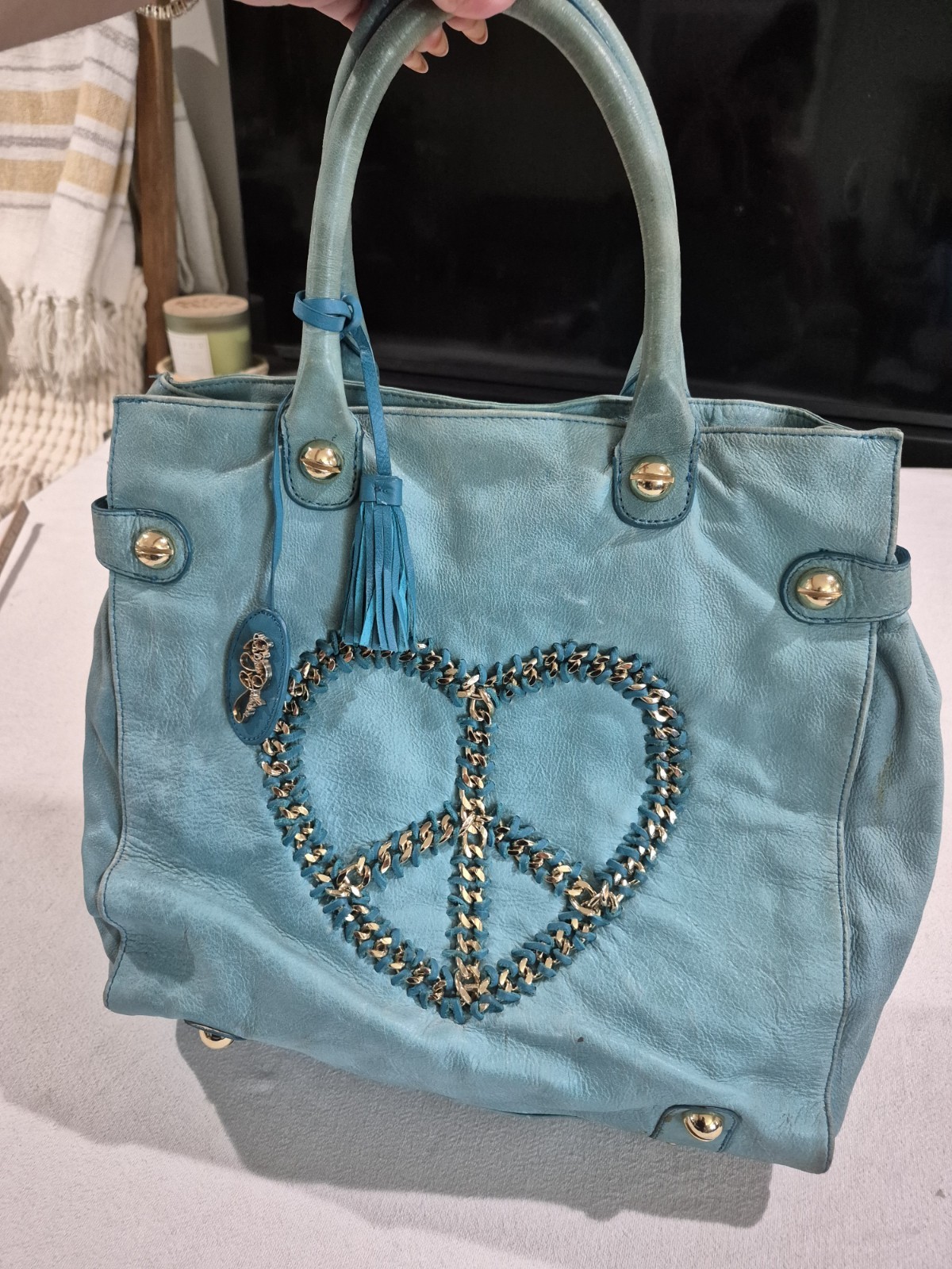 Y2K Vintage Betsey Johnson 100% Cow Leather Gold Peace Heart Sign Boho