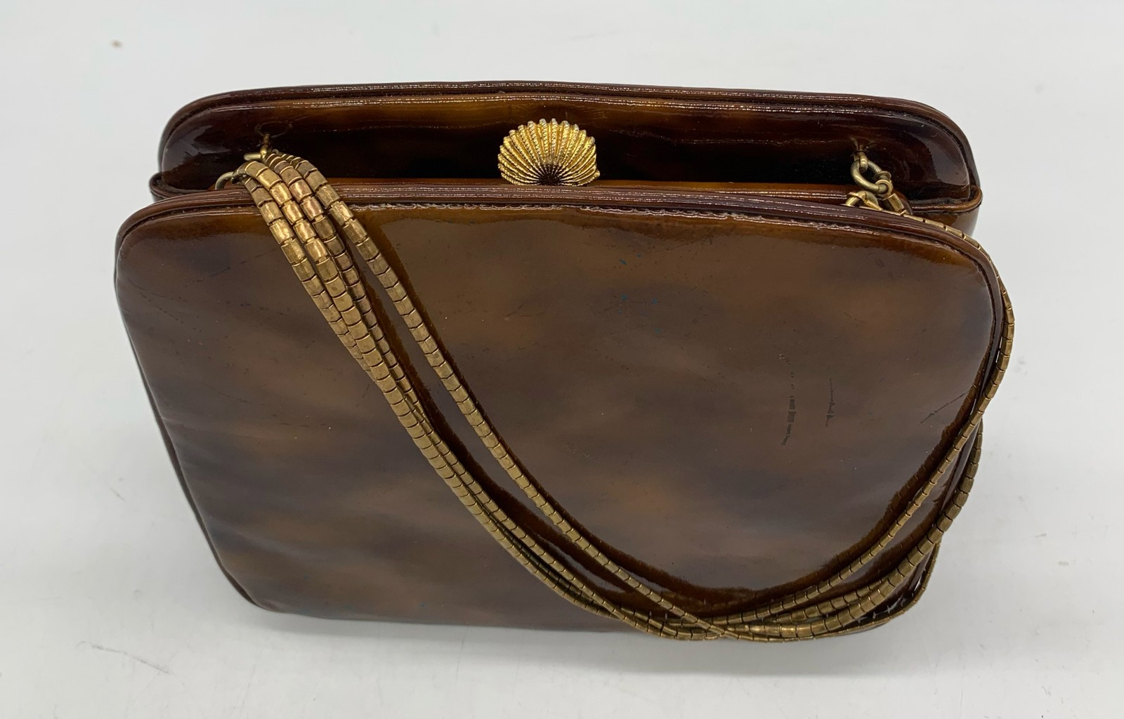 ORIGINAL BY HOLZMAN Vtg. brown tortoise patent leather gold chain strap handbag