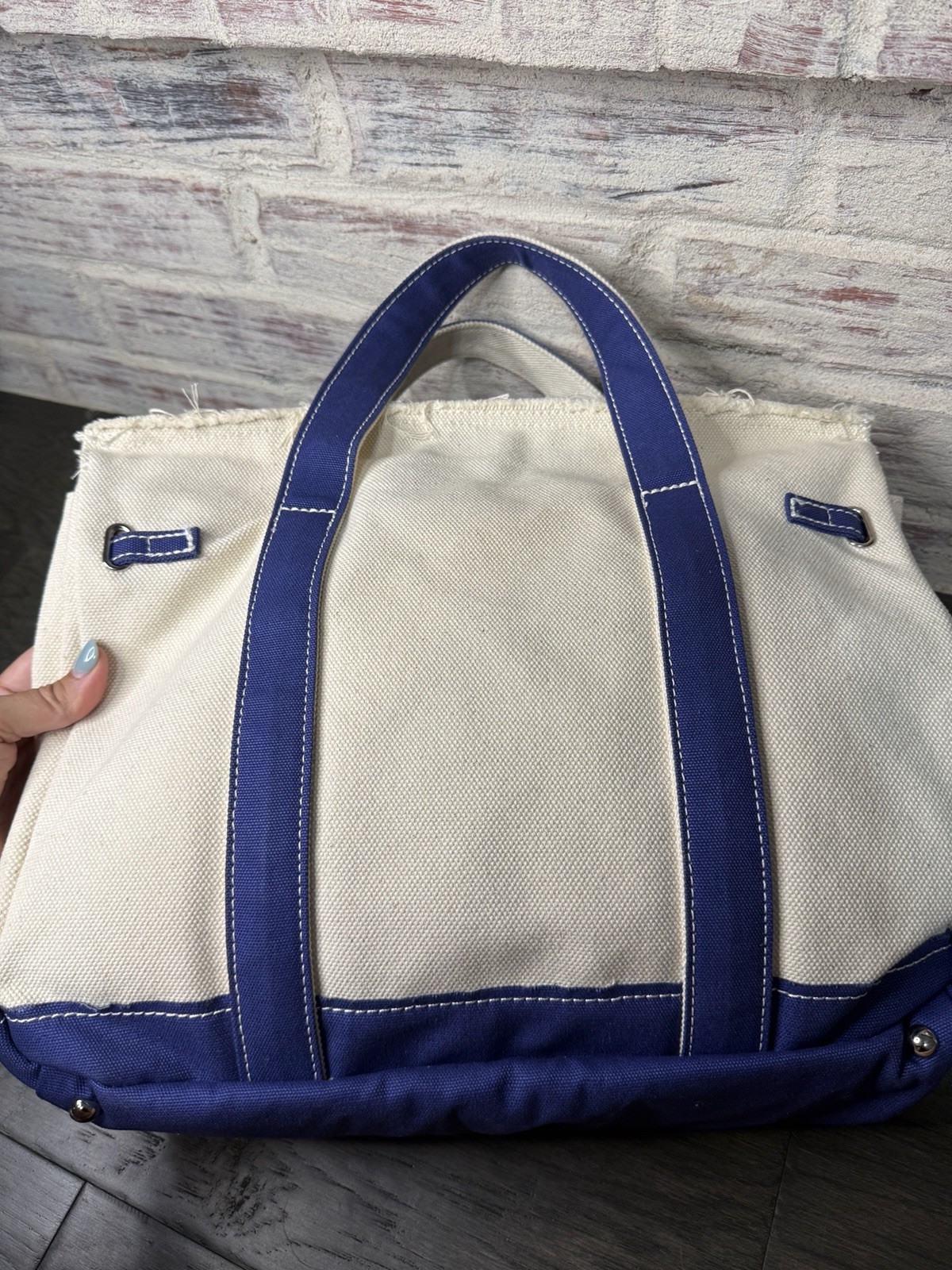 Sunwin Madaket Classic Large Tote Bag Canvas Natural with Blue Trim Silver